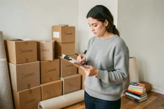 Femme organisant son déménagement avec un presse-papiers entourée de cartons étiquetés dans un salon en cours d'emballage