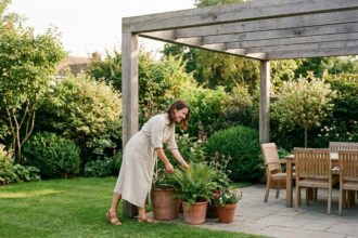 Femme élégante dans son jardin sous pergola en lin