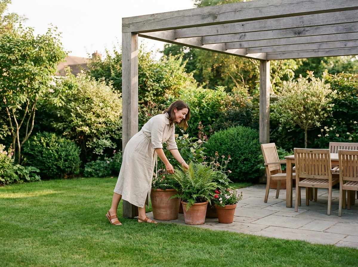 Femme élégante dans son jardin sous pergola en lin