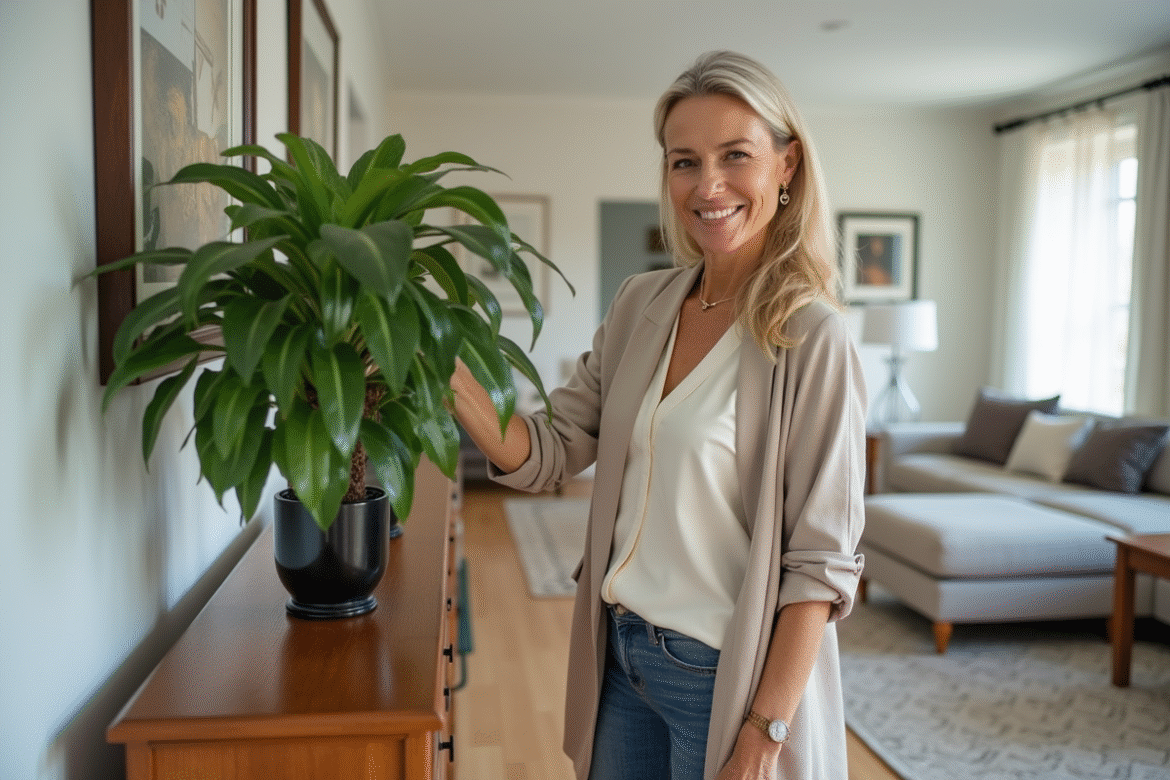 Femme posant une plante verte dans un salon rénové