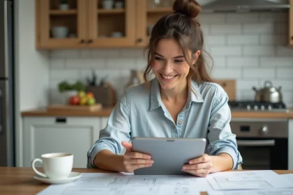 Femme souriante regardant plans de renovation