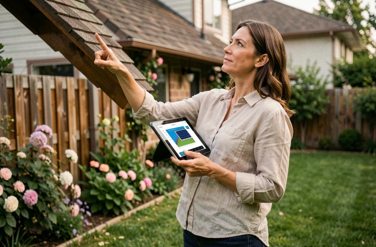 Femme dans son jardin tenant une tablette avec application d'orientation solaire, pointant vers le toit pour évaluer l'exposition idéale des panneaux photovoltaïques