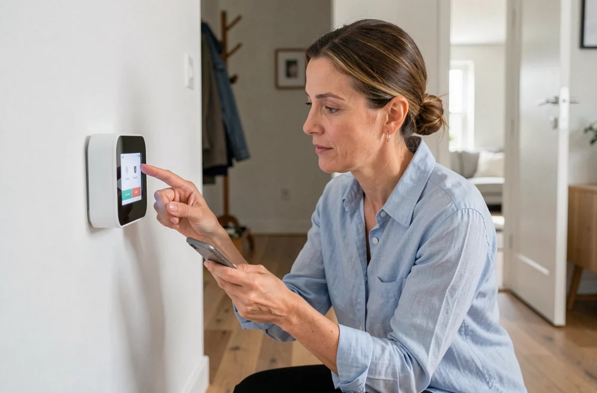 Une femme règle un thermostat intelligent connecté dans le couloir d'un appartement contemporain