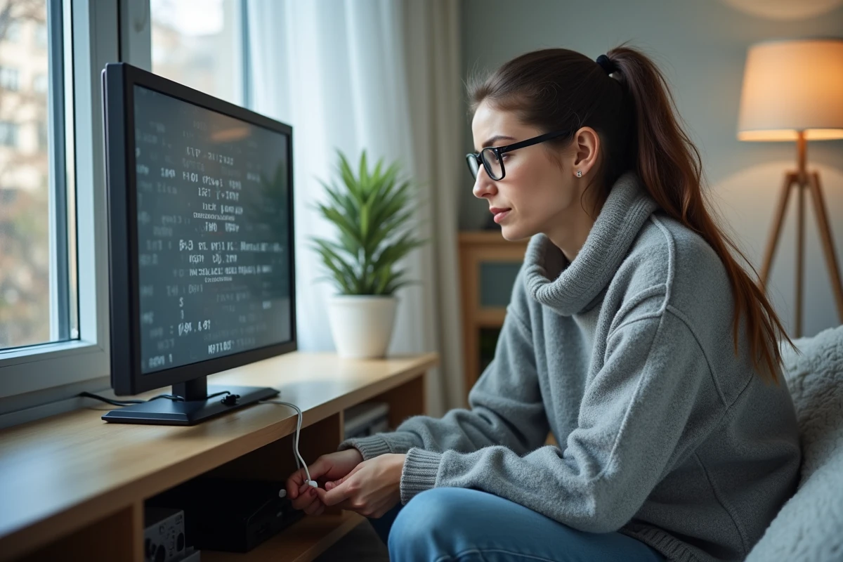 Jeune femme regardant un câble TV débranché dans un appartement