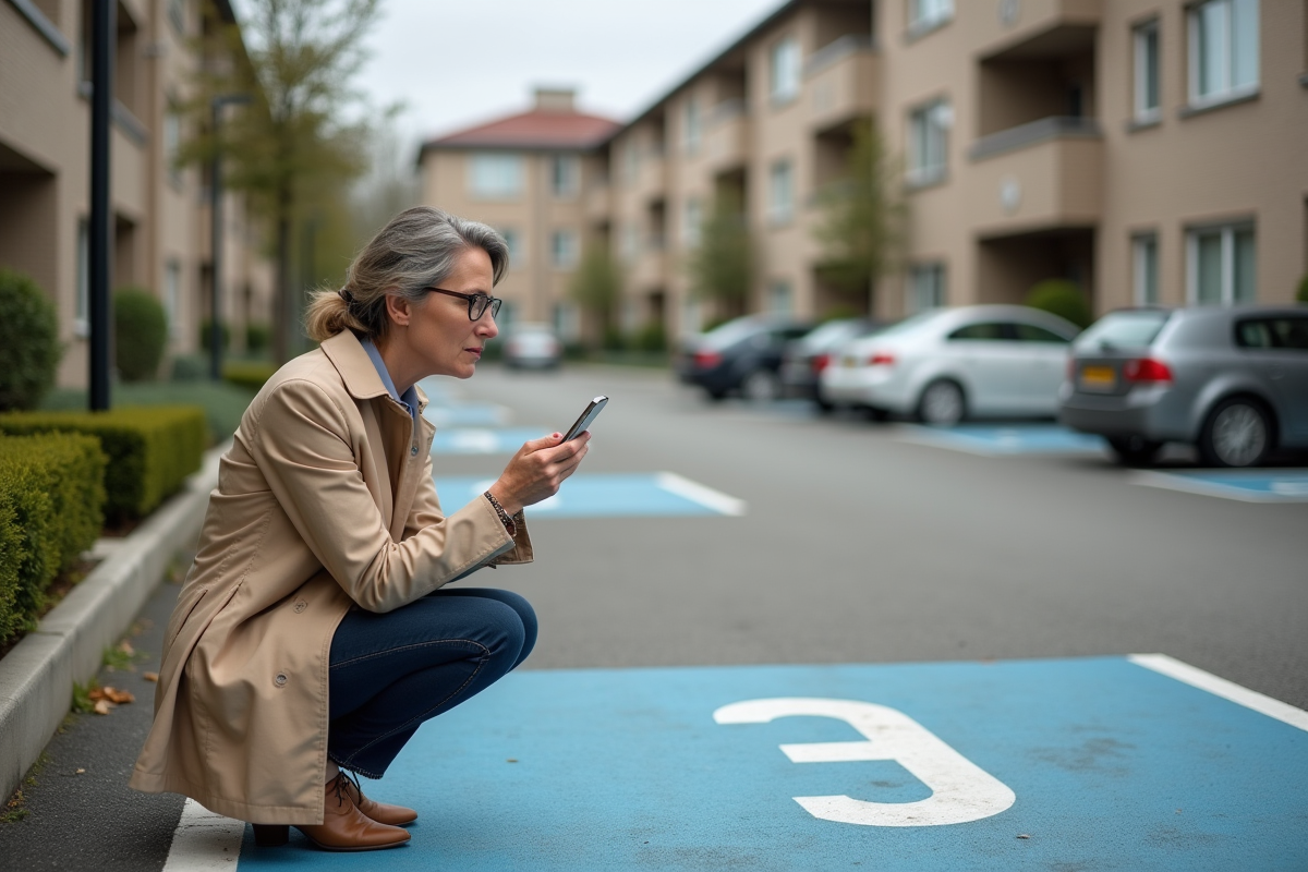 Femme avec trench regardant un panneau de parking extérieur