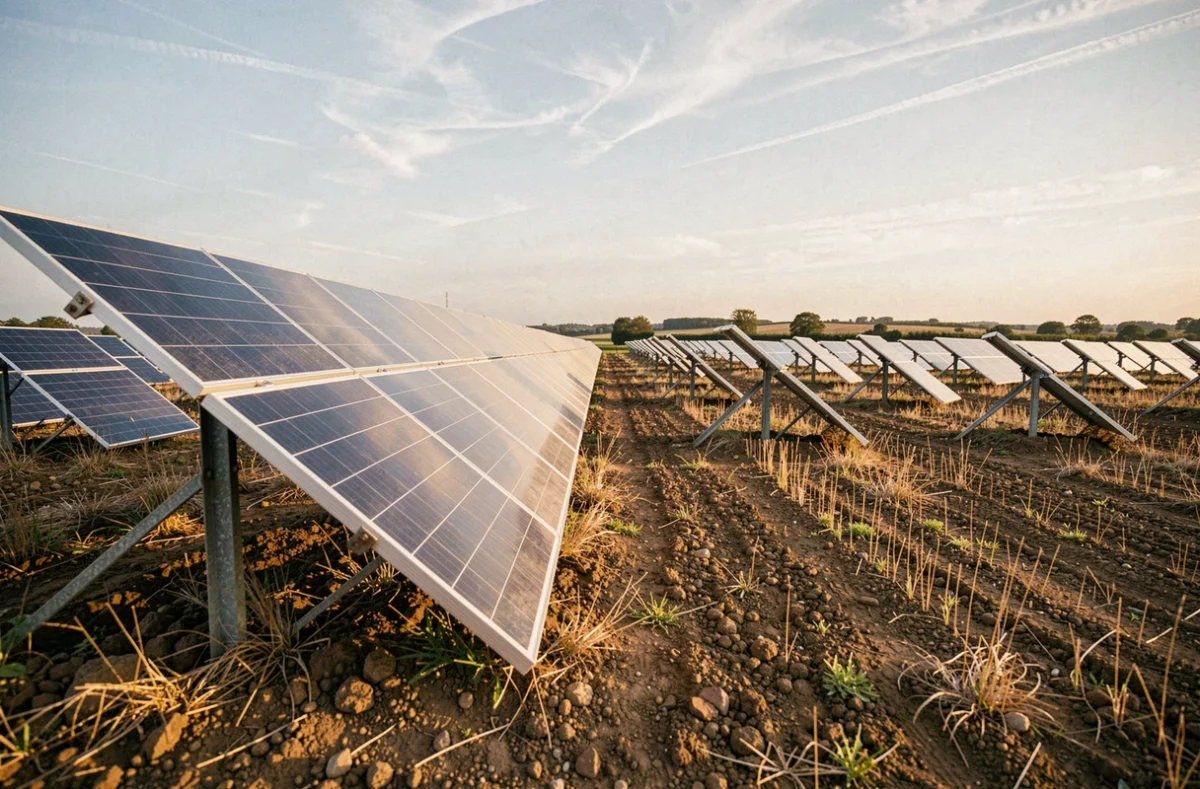 Champ de panneaux photovoltaïques au sol dans une zone rurale française avec perspective fuyante au coucher du soleil