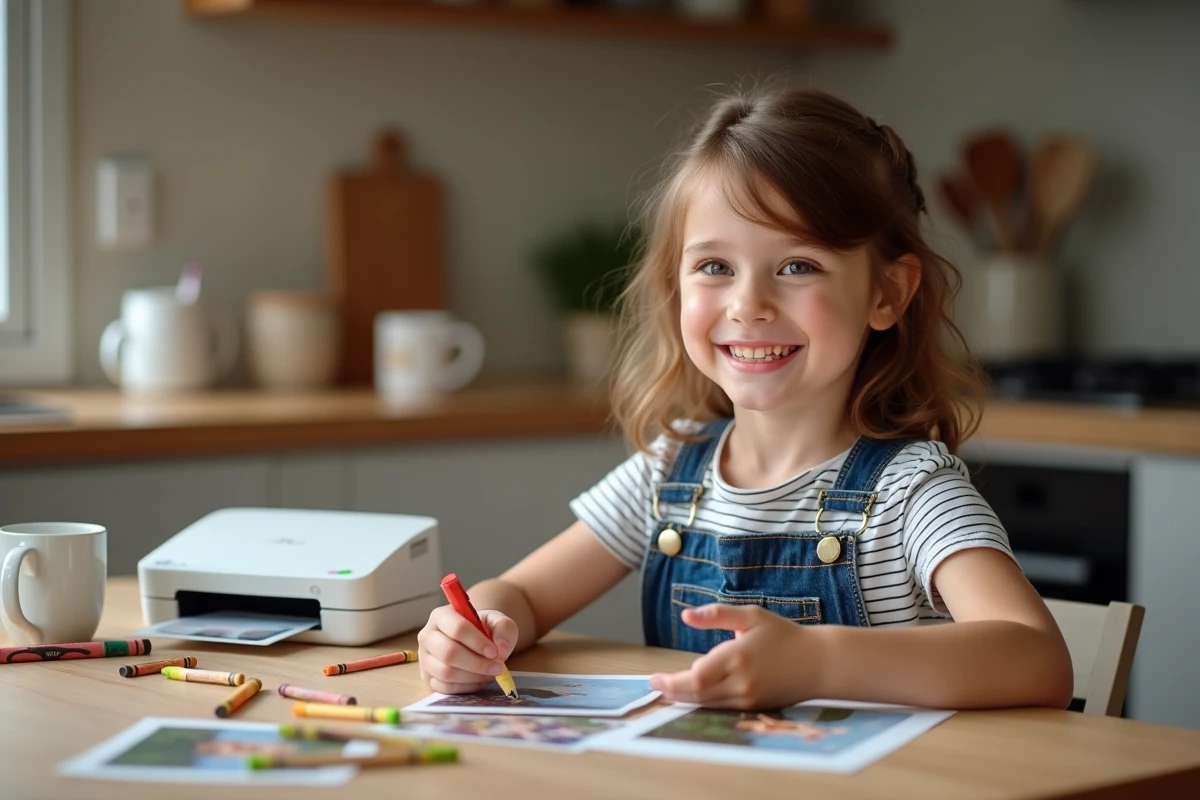 Jeune fille souriante tenant une photo imprimée dans la cuisine