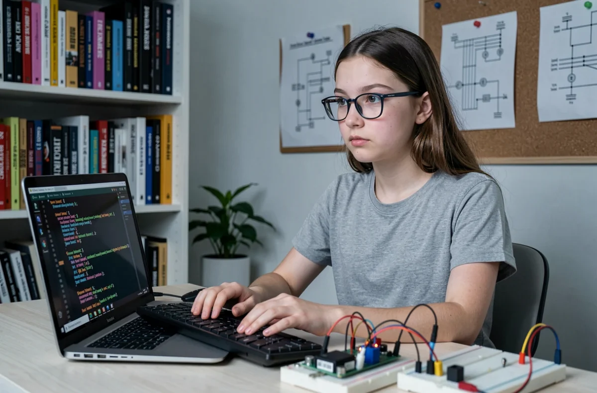 Adolescente débutante en électronique programmant un Arduino sur ordinateur portable avec un circuit LED sur breadboard