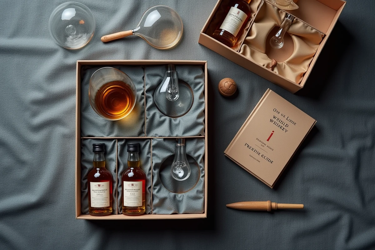 Vue aérienne flat-lay d'un coffret whisky pour débutant avec mini bouteilles, verres de dégustation et guide de dégustation sur lin gris