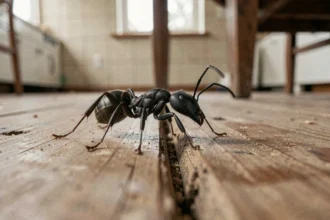 Gros plan macro d'une fourmi noire marchant sur un plancher en bois intérieur, symbolisant la signification spirituelle des fourmis dans la maison