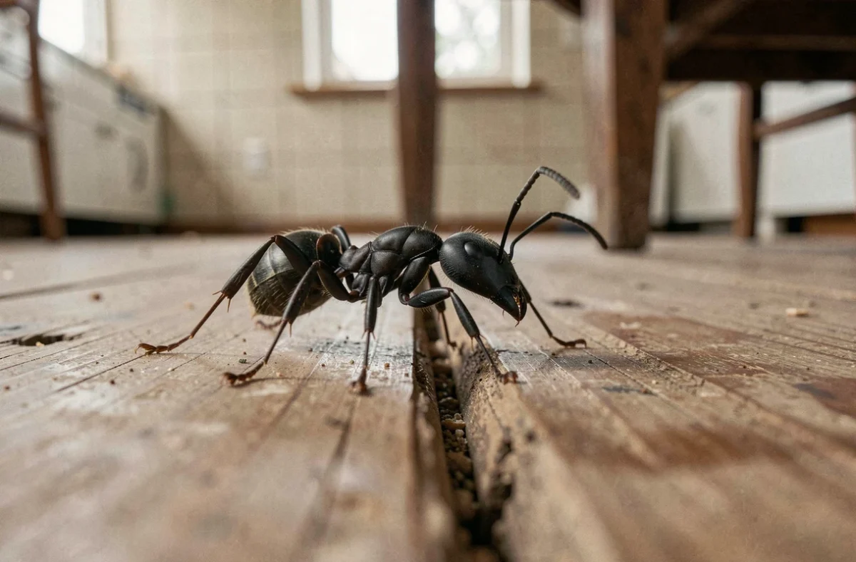 Gros plan macro d'une fourmi noire marchant sur un plancher en bois intérieur, symbolisant la signification spirituelle des fourmis dans la maison