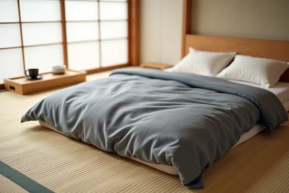 Futon japonais traditionnel posé sur un tatami dans une chambre minimaliste épurée