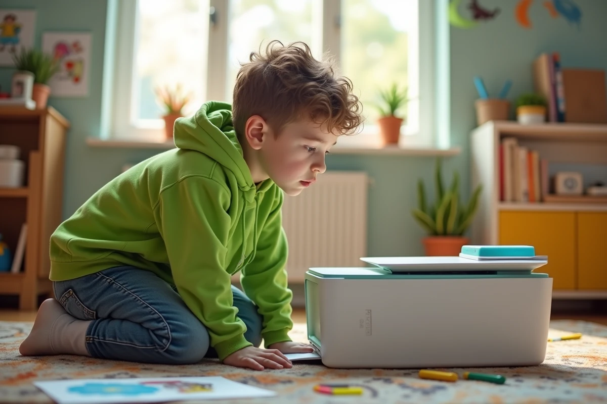Garçon concentré regardant une imprimante photo dans la salle de jeux