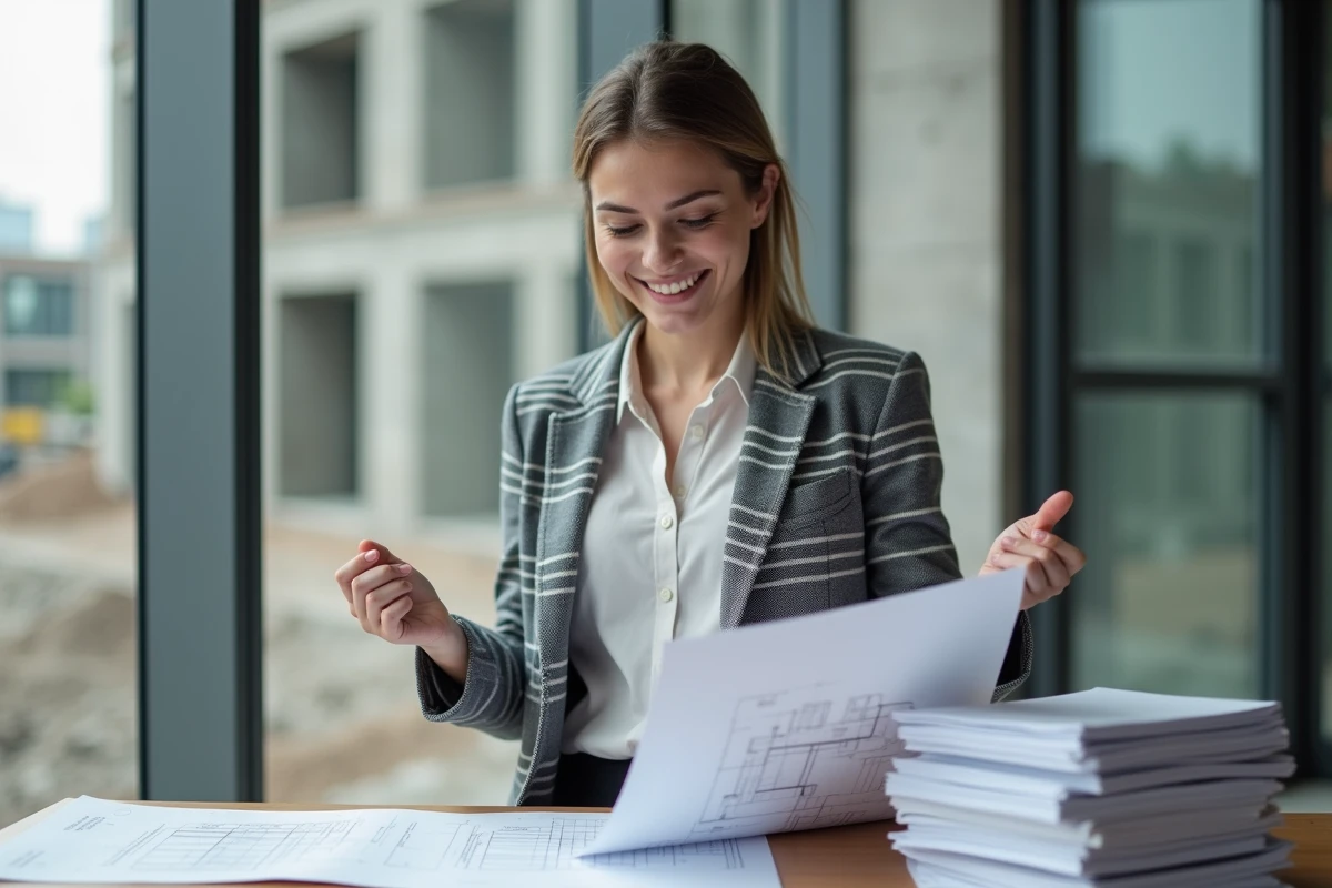 Jeune femme gestionnaire examinant plans et factures dans un bureau