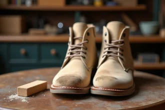 Bottes en nubuck beige tachées posées sur une table en bois avec une gomme à nubuck usagée à côté, prêtes à être nettoyées
