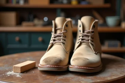 Bottes en nubuck beige tachées posées sur une table en bois avec une gomme à nubuck usagée à côté, prêtes à être nettoyées