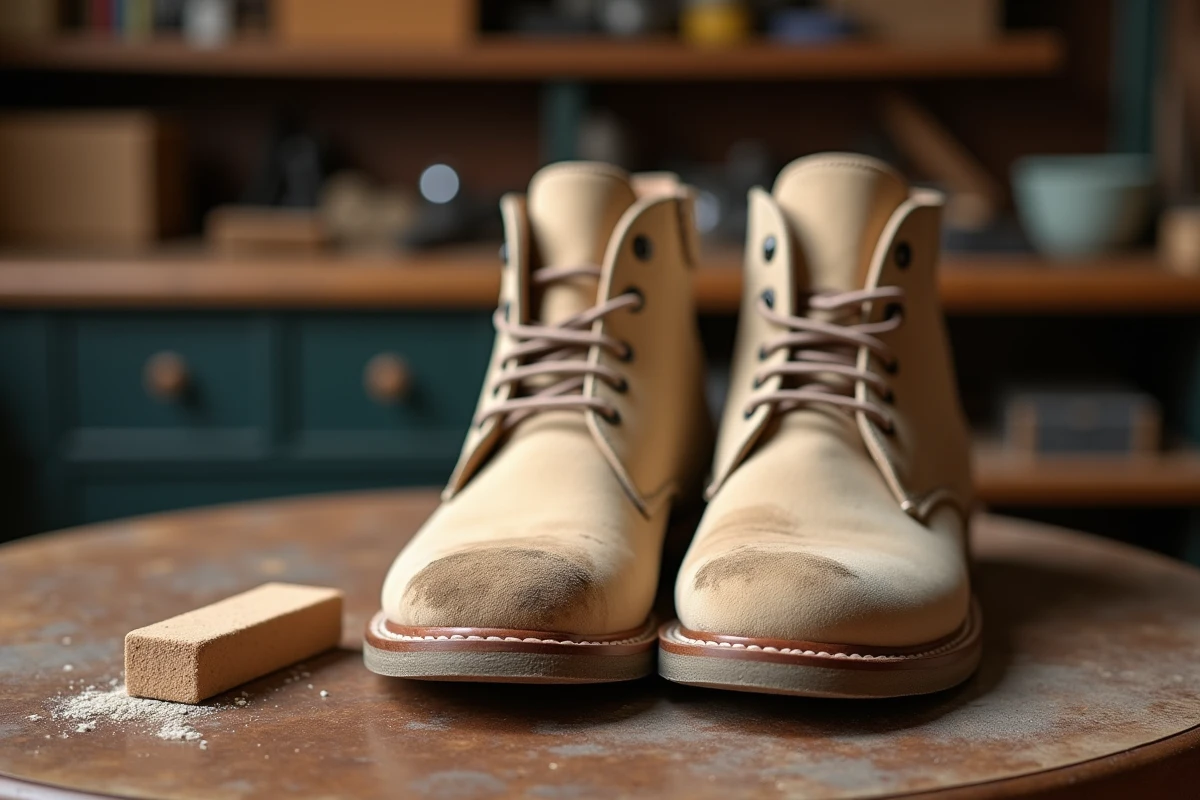 Bottes en nubuck beige tachées posées sur une table en bois avec une gomme à nubuck usagée à côté, prêtes à être nettoyées