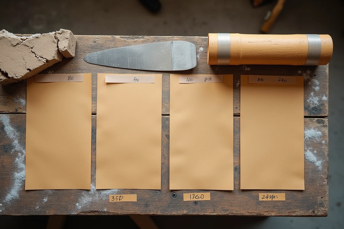 Comparaison de différents grains de papier abrasif pour poncer un enduit de finition sur mur abîmé ou ancien