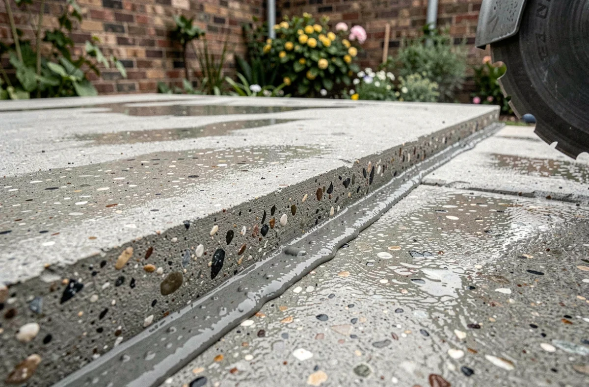 Gros plan sur une coupe nette dans une dalle béton extérieure réalisée à la lame diamantée avec finition humide sans poussière