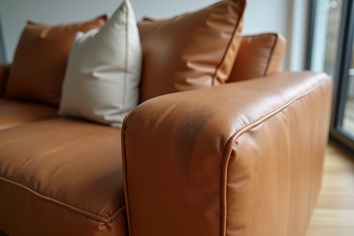 Gros plan sur un canapé en cuir aniline naturel montrant la texture du grain, les pores et une légère marque d'usure