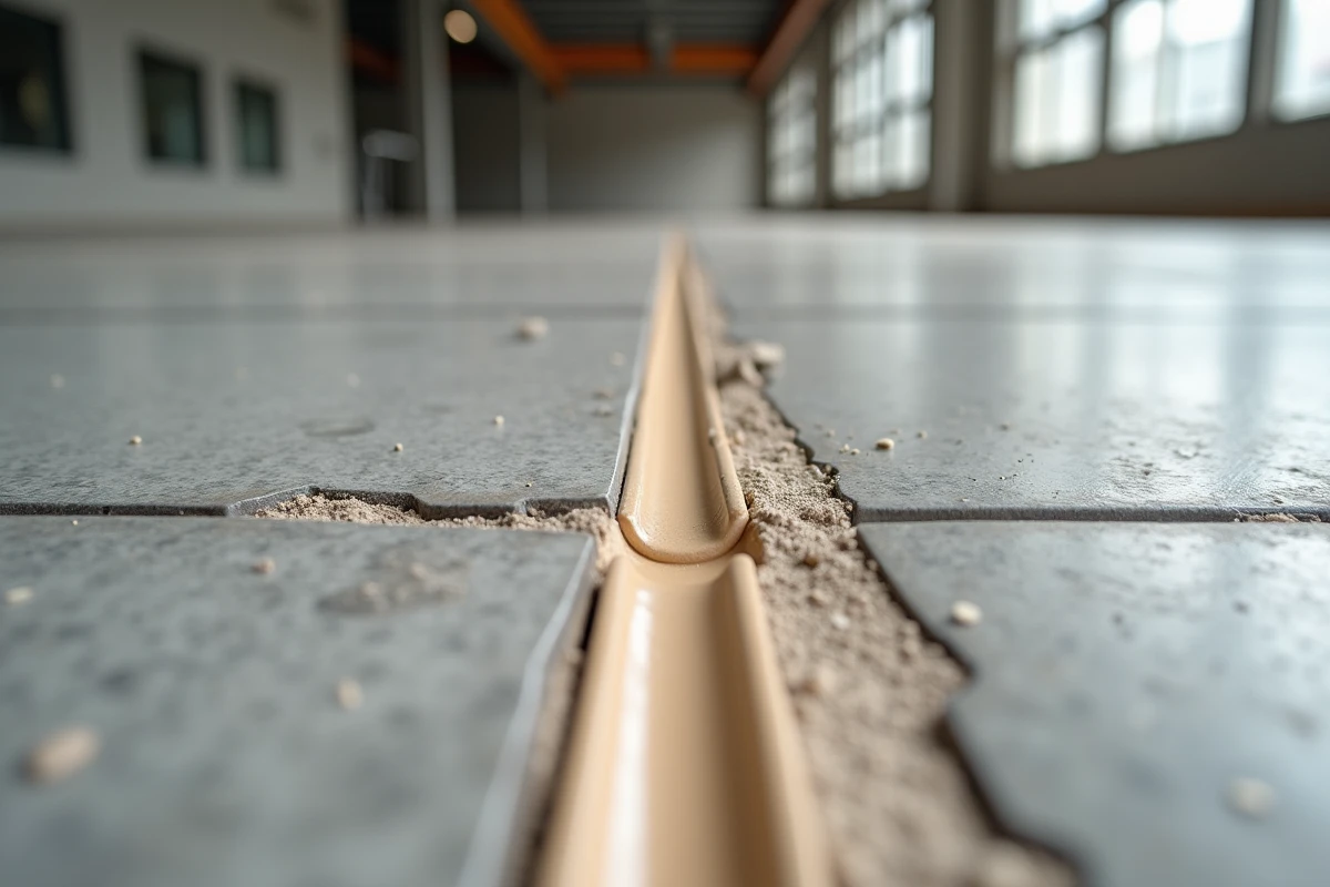 Gros plan d'un joint de dilatation en polyuréthane souple entre deux rangées de carrelage grand format gris sur un sol intérieur