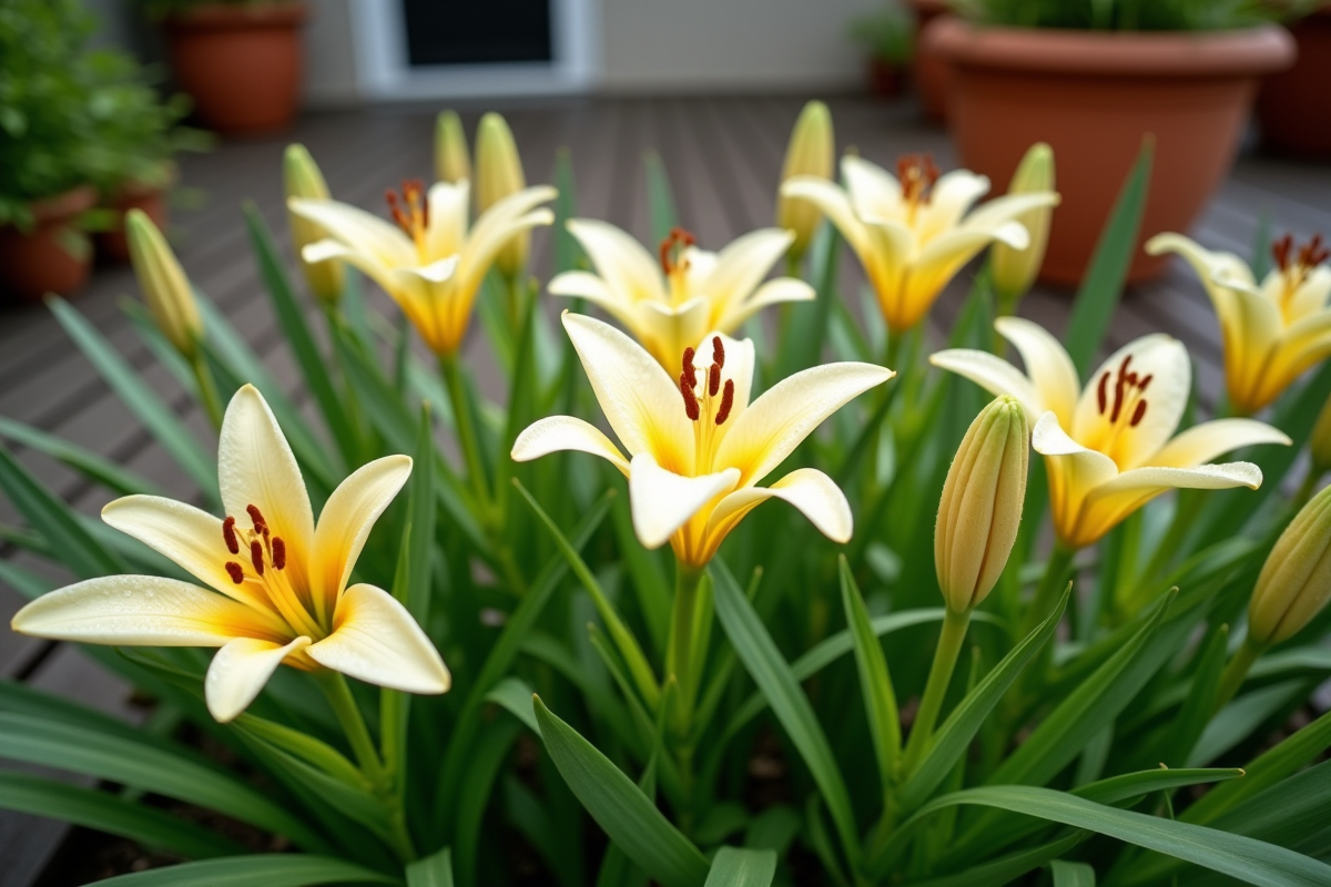 Gros plan de lys colorés avec gouttes de rosée dans le jardin