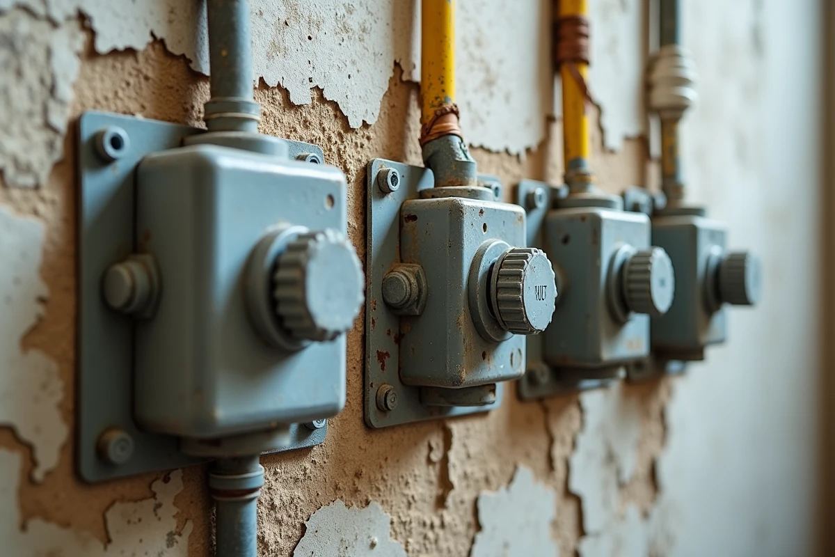 Gros plan sur des raccords étanches neufs installés sur une ancienne installation électrique avec boîtiers de dérivation et conduits endommagés