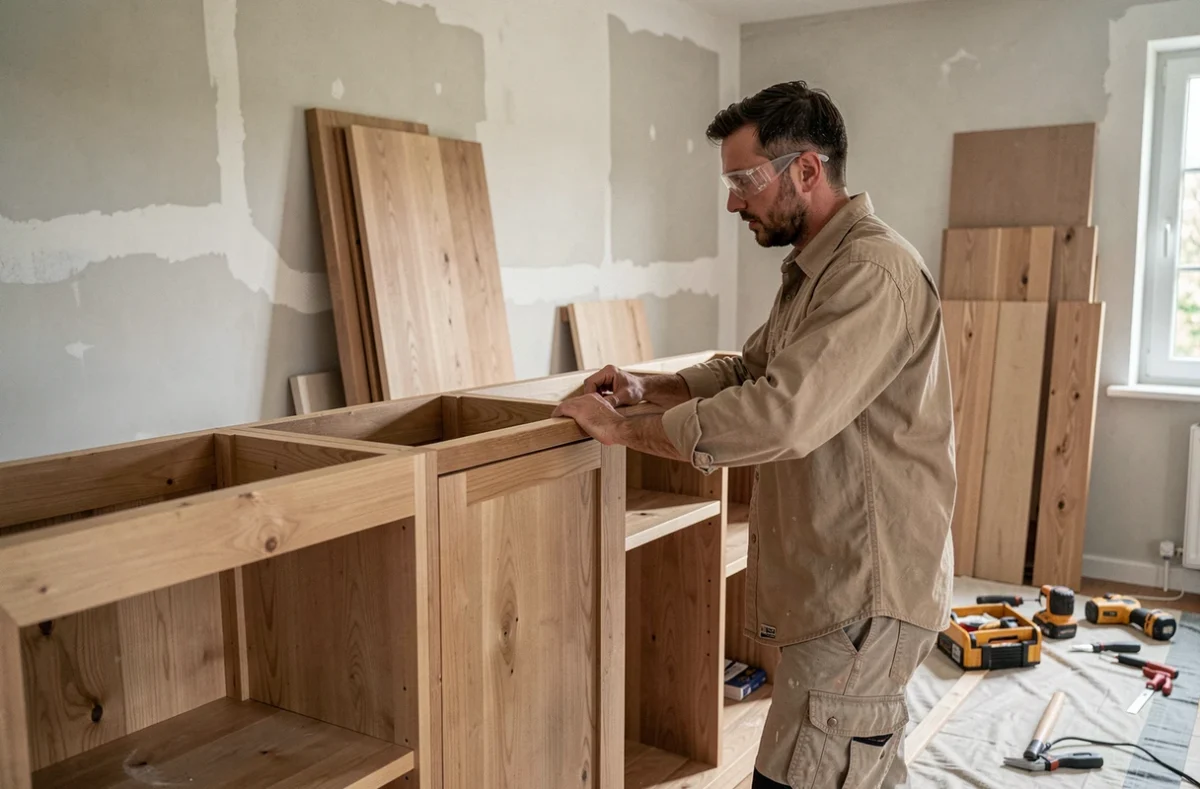 Artisan de HGD-Aménagement posant des menuiseries en bois dans une maison en rénovation