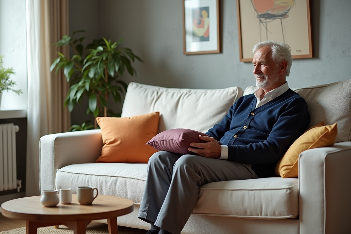Homme arrangeant des coussins colorés dans un salon moderne