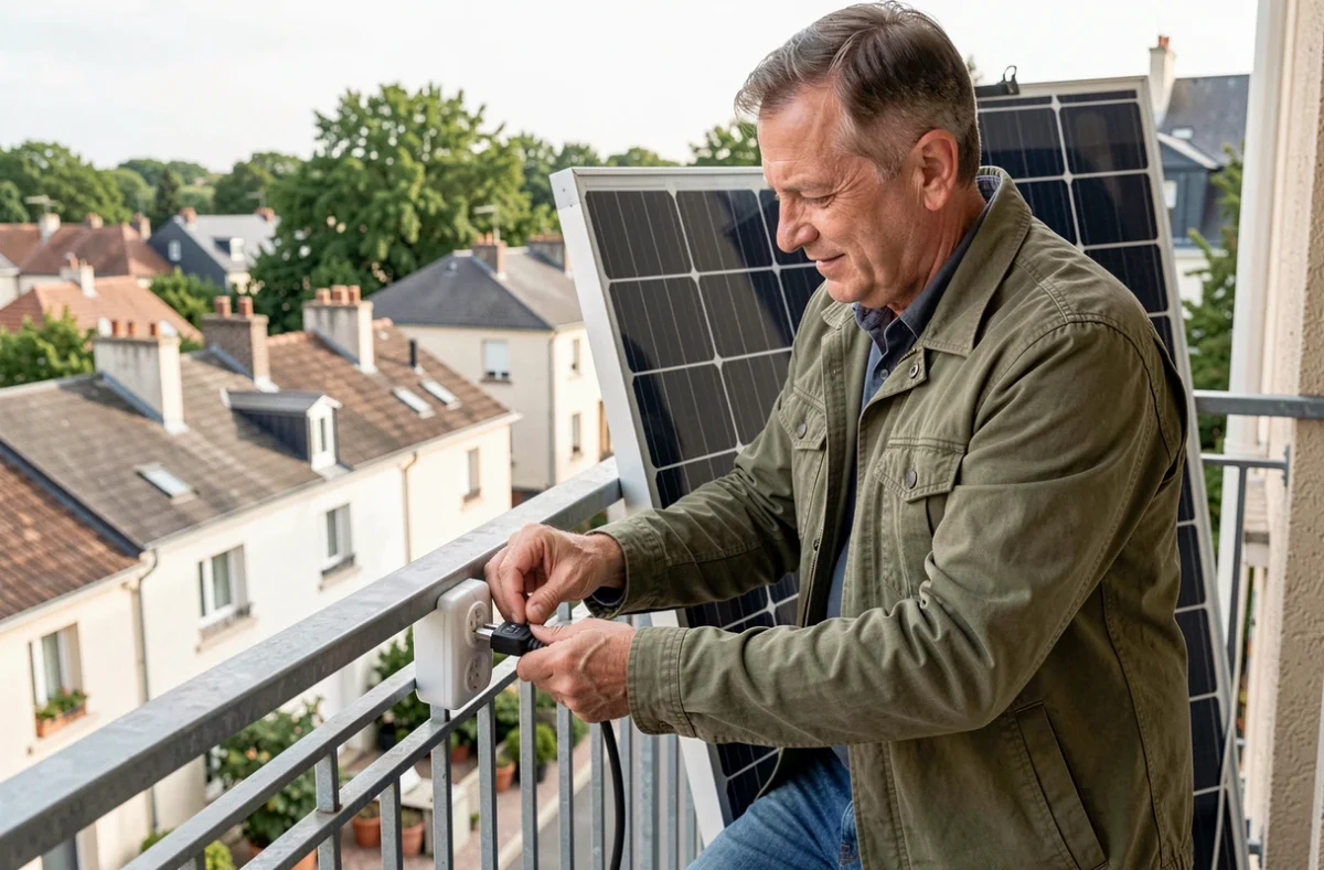 Homme branchant un panneau solaire plug and play sur une prise de balcon en milieu urbain résidentiel