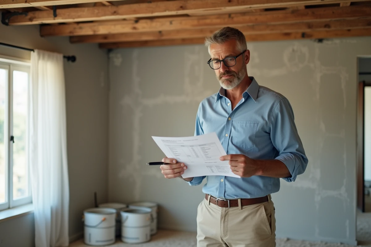 Homme vérifiant un budget dans une pièce en rénovation