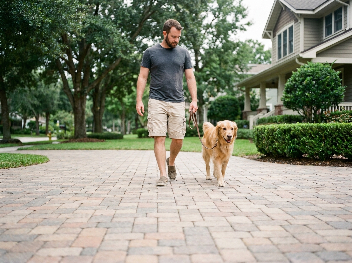 Homme marchant avec son chien sur une allée en béton décoratif