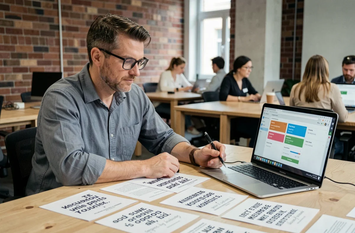 Homme comparant des devis imprimés et un portail de comparaison en ligne dans un espace de coworking moderne