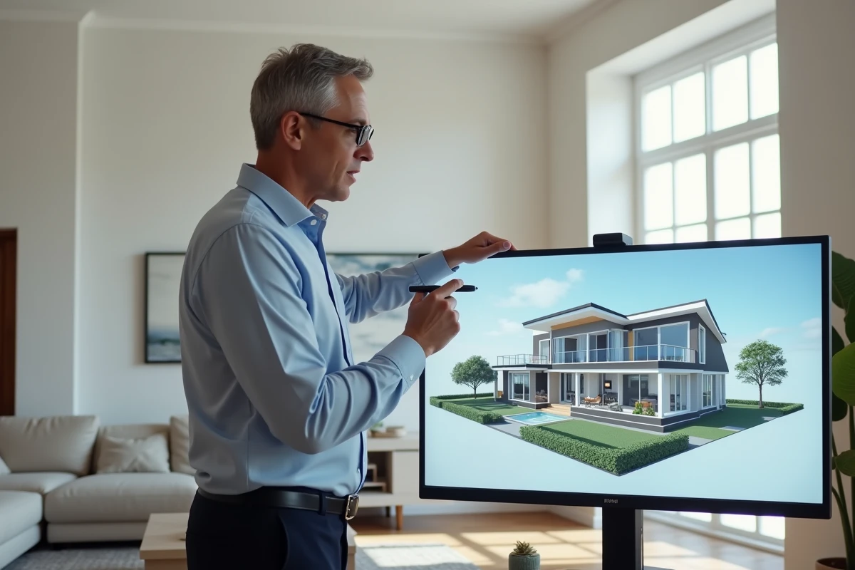 Homme en salon moderne travaillant sur un plan 3D