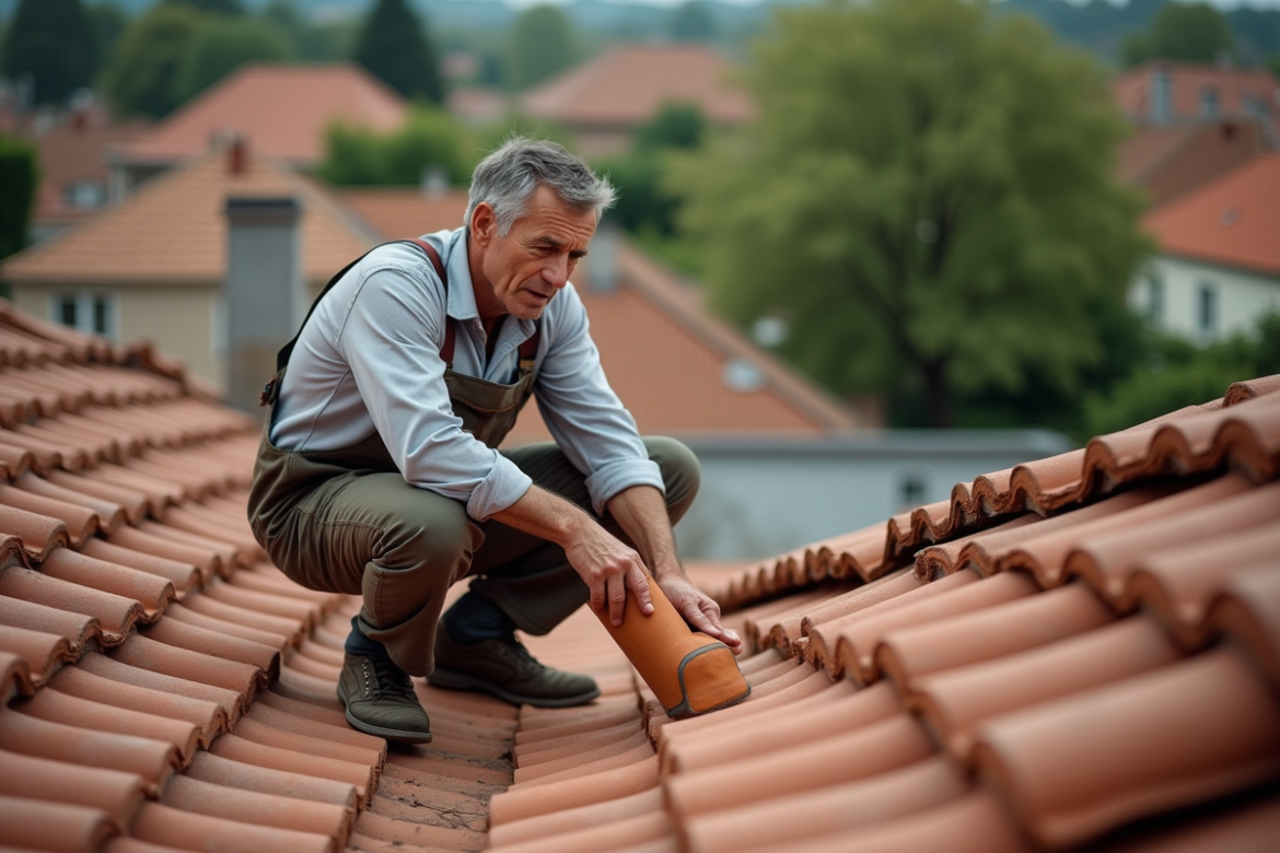 Homme en pantalon de travail et chemise sur un toit de maison regardant une tuile romaine