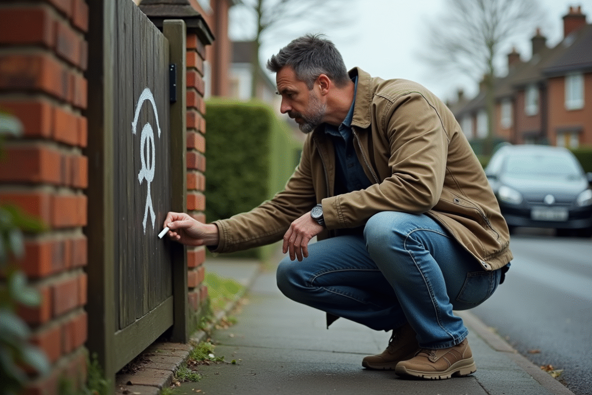 Homme discret marquant un symbole sur un portail de banlieue