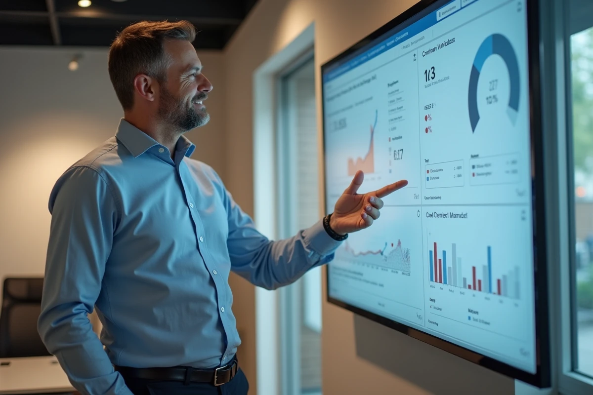 Homme expliquant le tableau de bord de rénovation au bureau