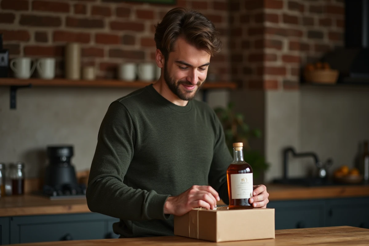 Jeune homme découvrant un coffret whisky cadeau en cuisine rustique, expression de surprise et de curiosité authentique