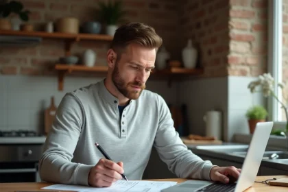 Homme consultant des devis de travaux sur ordinateur portable à la table de cuisine avec des documents imprimés