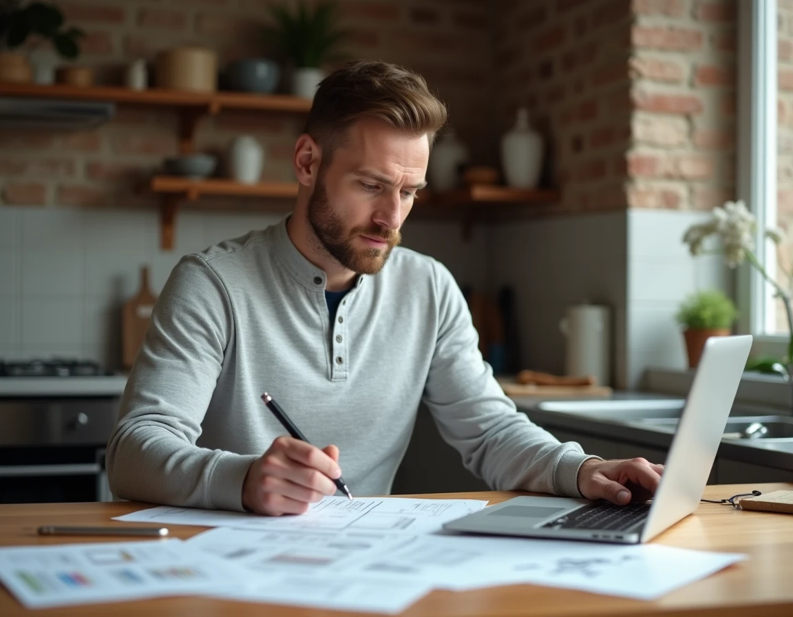 Homme consultant des devis de travaux sur ordinateur portable à la table de cuisine avec des documents imprimés