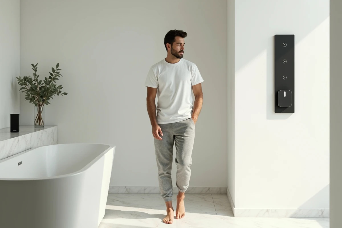 Homme consultant un panneau domotique bien-être dans une salle de bain minimaliste et apaisante