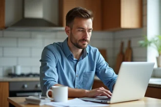 Homme en étude de rénovation dans une cuisine lumineuse