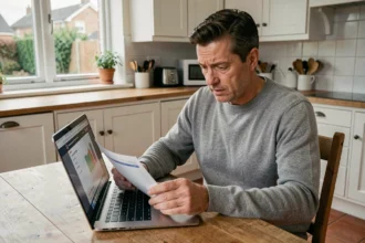 Un homme consulte ses factures d'énergie et un site de domotique sur son ordinateur portable dans une cuisine moderne