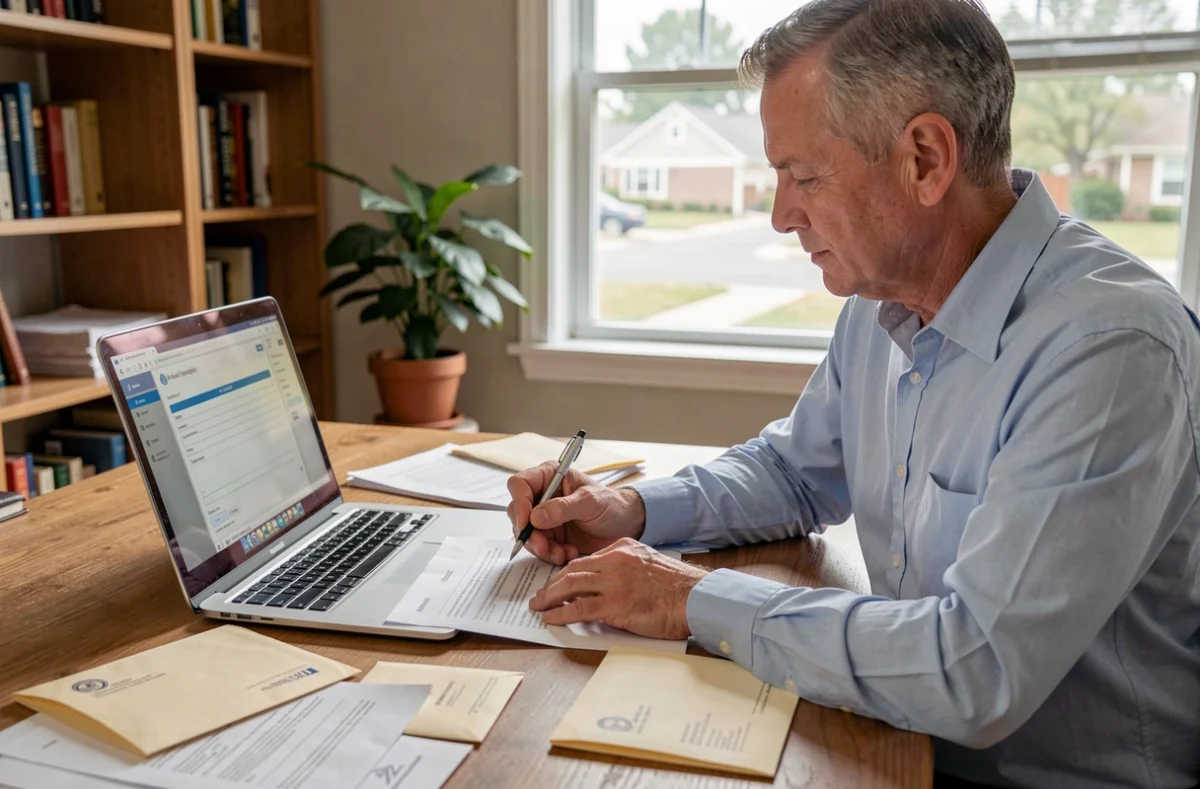 Homme remplissant un formulaire de réexpédition de courrier à son bureau à domicile avec des enveloppes et documents officiels
