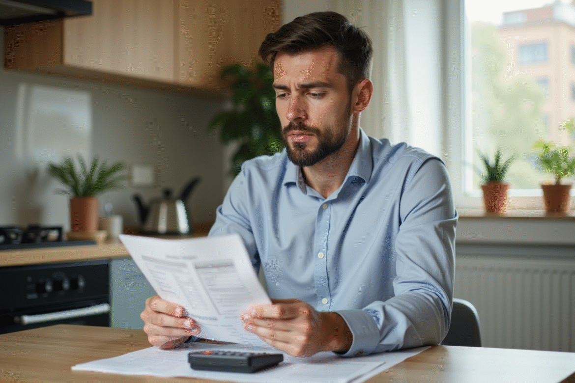Jeune homme d'affaires examine ses factures d'énergie