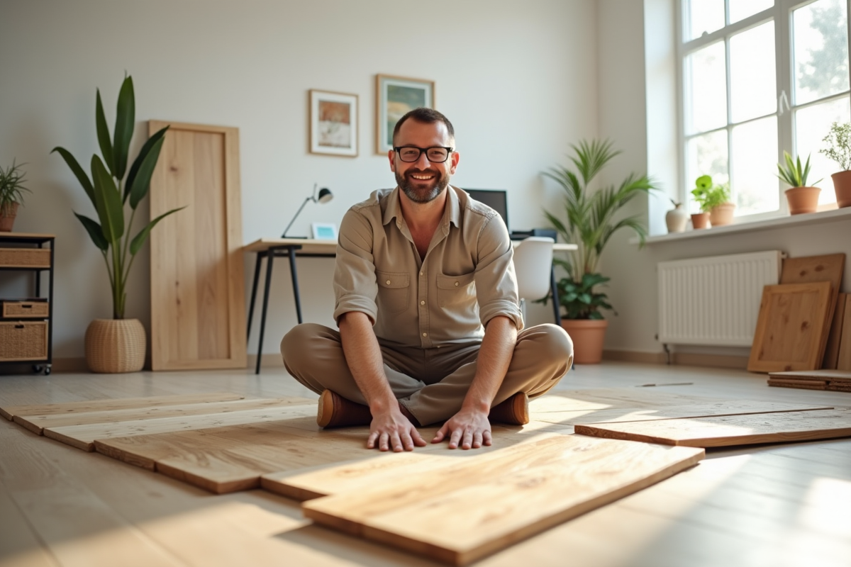 Homme pose des dalles de bambou dans un bureau lumineux