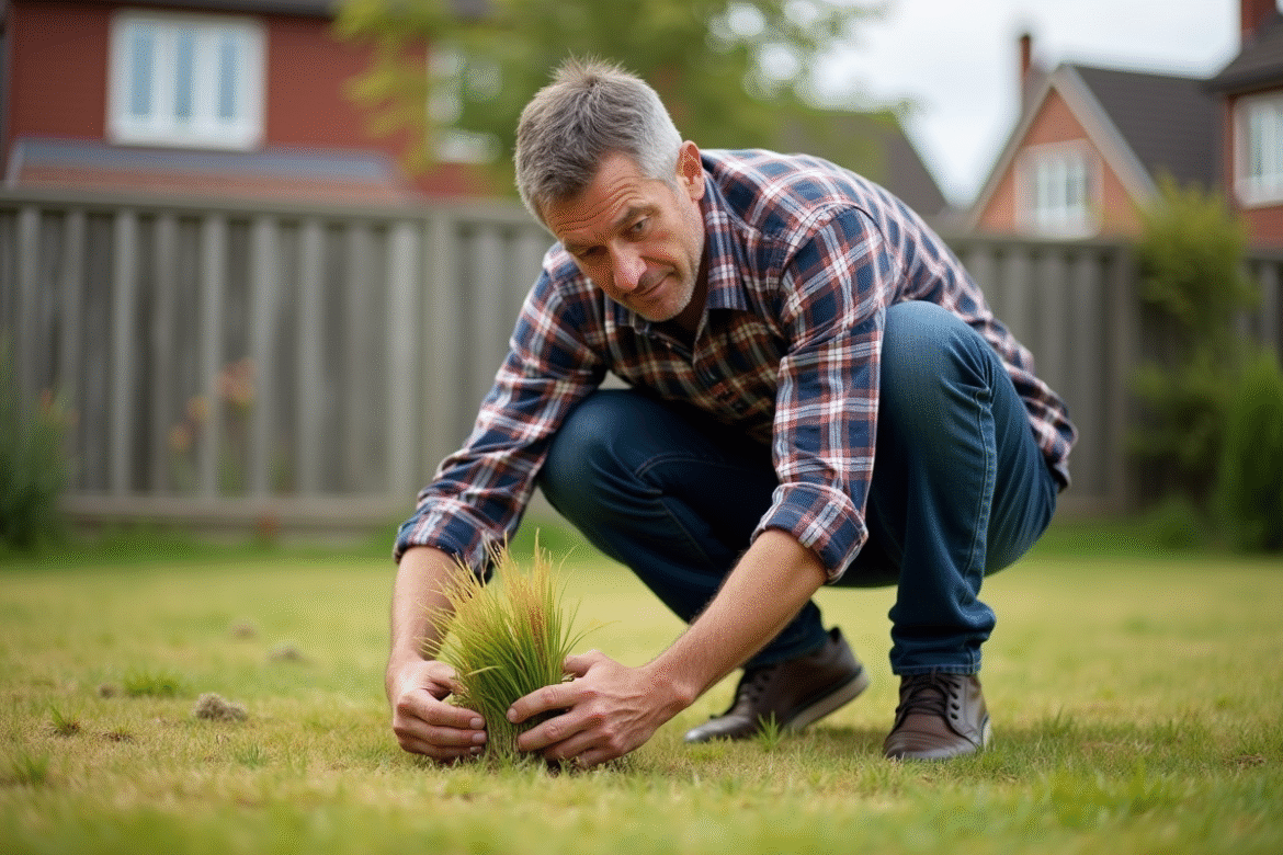 Homme d'âge moyen examinant de près de l'herbe jaunie dans son jardin
