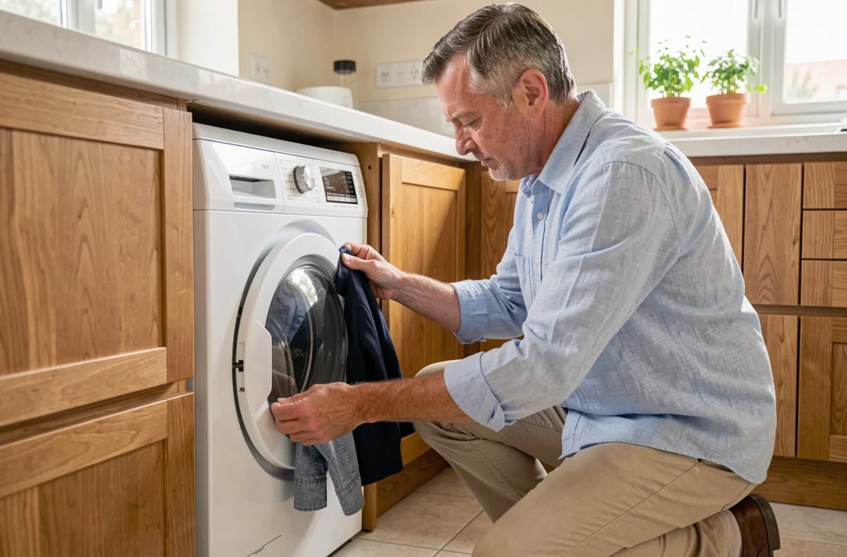 Homme en train de charger un lave-linge encastré sous un plan de travail, montrant l'impact de la hauteur standard sur la posture