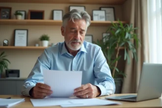 Homme d'âge moyen lisant des documents médicaux dans un bureau