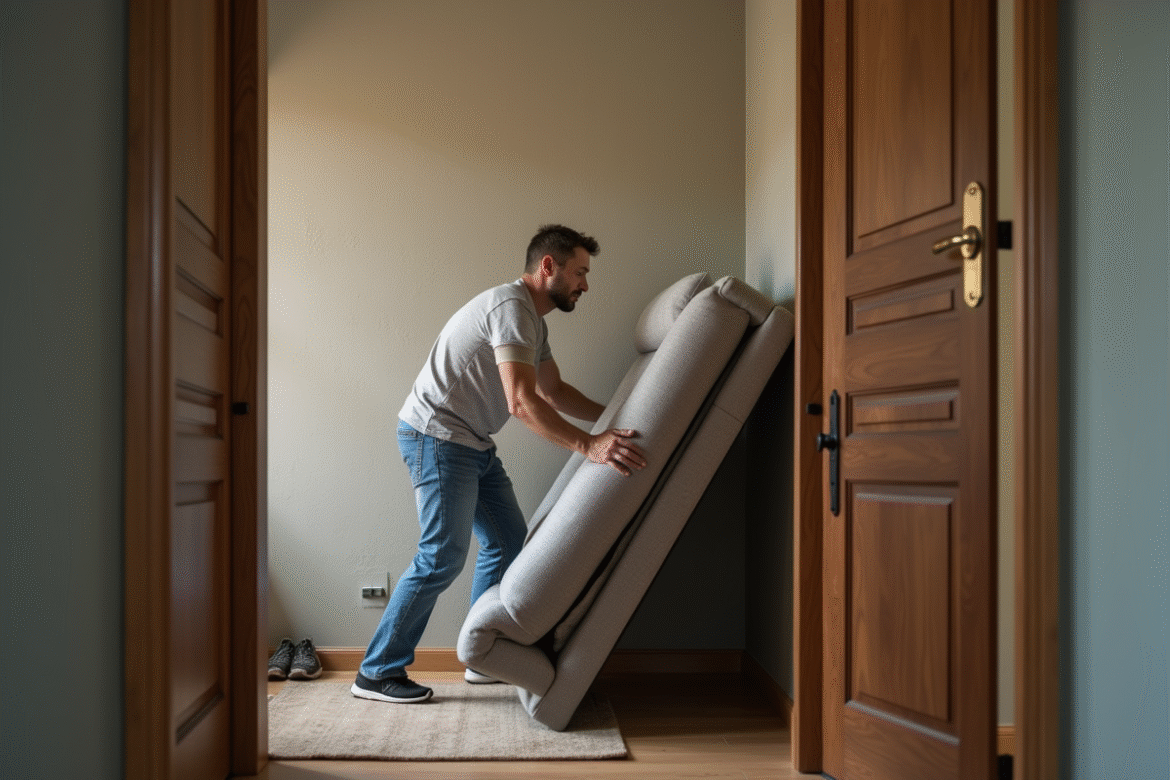 Homme d'âge moyen déplaçant un canapé moderne dans un appartement